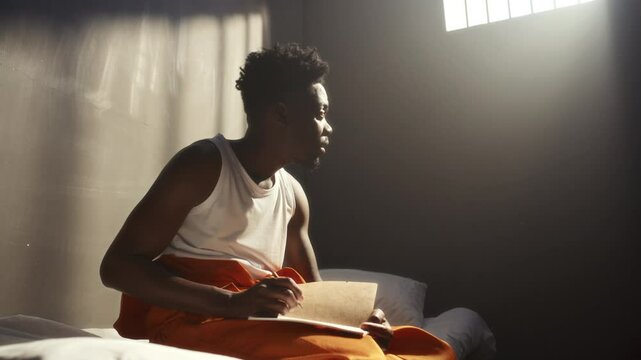 Young African American inmate in orange uniform and white tank top sitting on bed and writing on paper in solitary prison cell with sunlight streaming through barred window