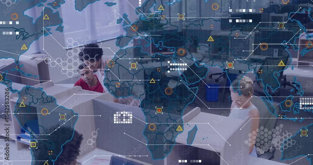 Poster coworkers typing in office launching animated global data visualization boosting business insights