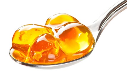 Amber jelly spheres on spoon, white background, dessert