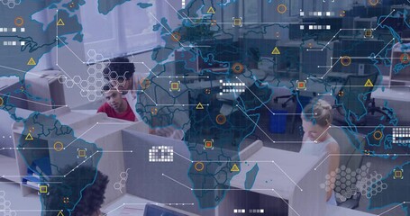 Coworkers typing in office launching animated global data visualization boosting business insights - Powered by Adobe