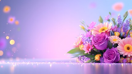 Colorful floral bouquet, spring scene, pastel background, glittering surface, greeting card