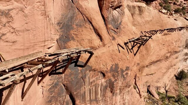 Aerial of the remains of the Hanging Flume water chute built in the Dolores River Canyon in Colorado. The flume was built in the 1880&rsquo;s to transport water for gold mining.