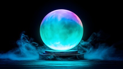 Glowing crystal ball on stand, smoke, dark background, mystical scene