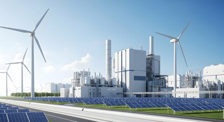 Renewable energy, Sustainable energy, Power plant, Sustainable Energy Power Plant with Wind Turbines and Solar Panels