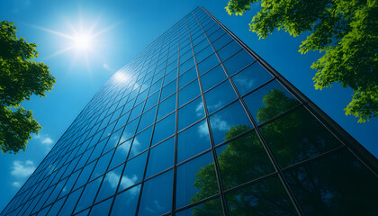 Upward view of modern glass skyscraper reflecting blue sky and green trees with bright sunlight and lens flare, captured with wide-angle perspective for a clean architectural scene