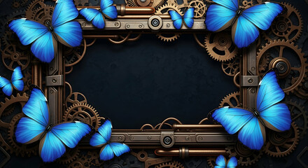 Steampunk, Frame, Border, Steampunk Frame with Blue Morpho Butterflies