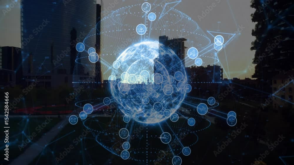 Poster sunset initiating holographic globe over city nodes emerging and rings pulsating showing data flow