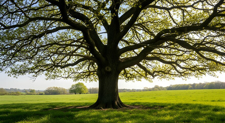 Obraz premium Oak tree, Tree, Majestic, Majestic Oak Tree in a Green Field