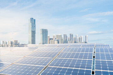 Shenzhen urban skyline and solar panels

