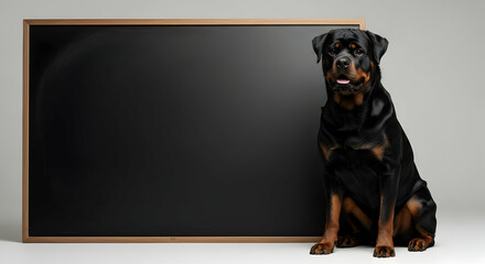 Rottweiler, Dog, Canine, Rottweiler Dog Sitting Next to a Blank Blackboard