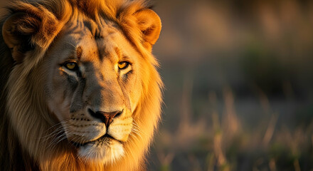 Lion, African lion, Male lion, Majestic African Lion Portrait at Golden Hour