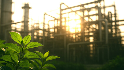 Green leaves with industrial silhouette and warm sunlight forming nature-technology contrast