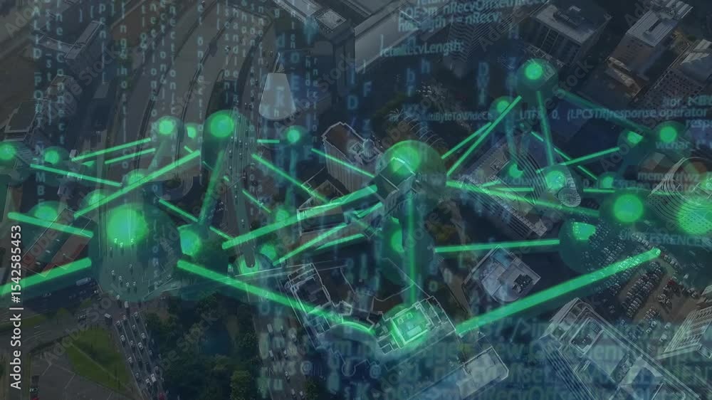 Poster opening aerial initiating digital network forming over cityscape, pulsing green nodes sending data