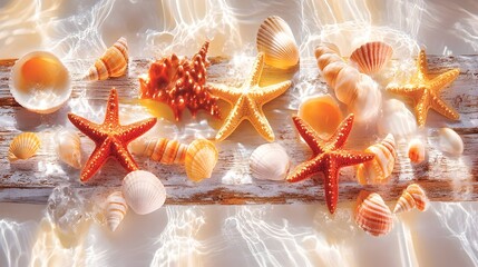 Seashells starfish summer beach wood sunlight design