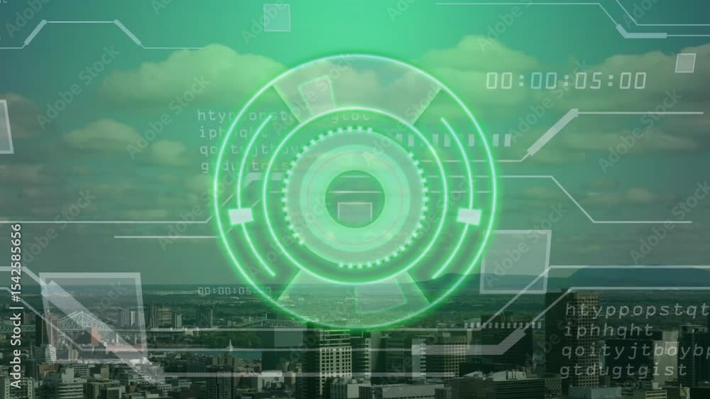 Poster on timer tick green interface pulsing rings, shifting codes, animating bars for data view over city