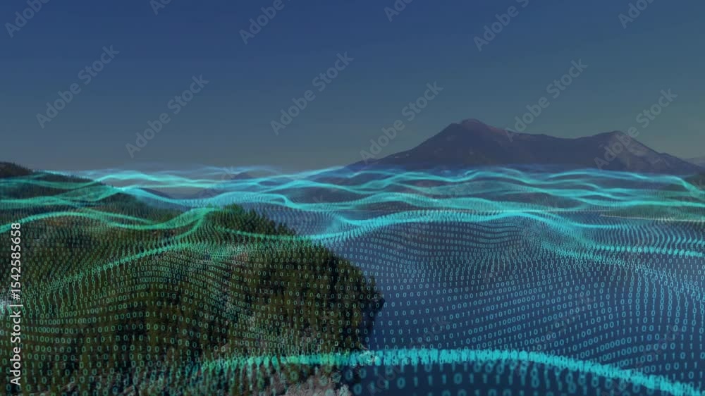 Poster at start binary grid forming over water rippling across forested peninsula showing data overlay