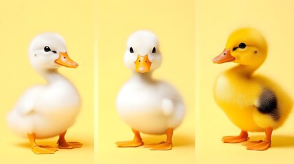 Fototapeta premium Three ducklings, yellow background, growth stages, springtime, adorable, website banner