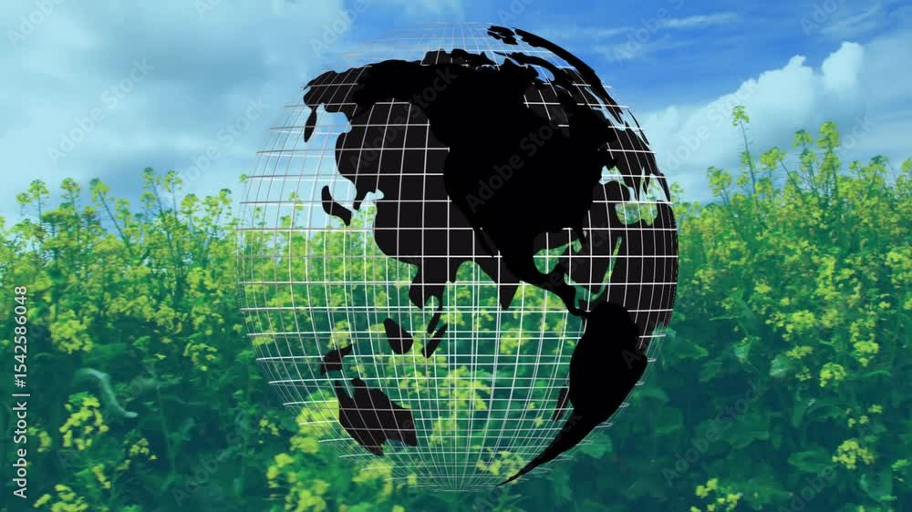 Poster initial frame focusing on africa initiating rotating 3d globe sweeping continents over yellow field