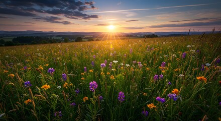 Obraz premium Vibrant Wildflower Meadow at Sunset Tranquil Scene with Colorful Flowers and Golden Hour Light in Picturesque Landscape