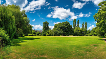Obraz premium Lush Green Park with Tall Trees Bright Blue Sky and Fluffy Clouds