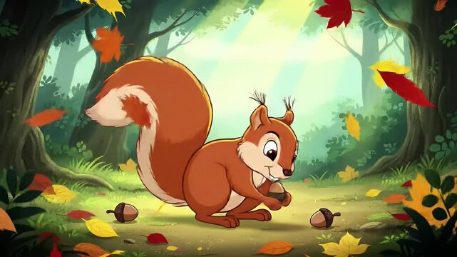 Animated cartoon squirrel gathering nuts in autumn forest background