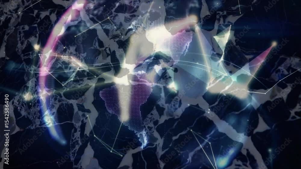 Poster glowing points linking forming rotating globe with continents orbiting rings visualizing network