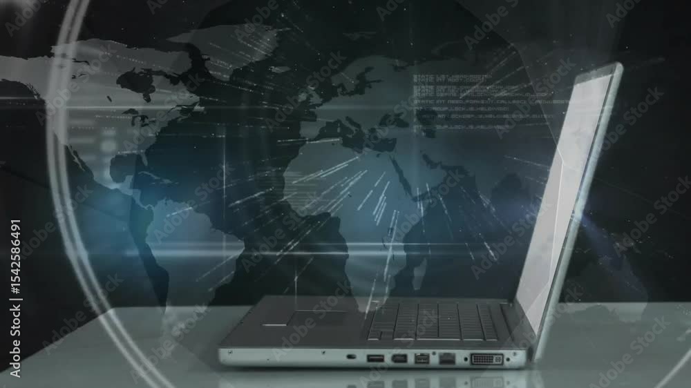 Aufkleber suited hand typing on laptop activating rotating grid with icons linking global network