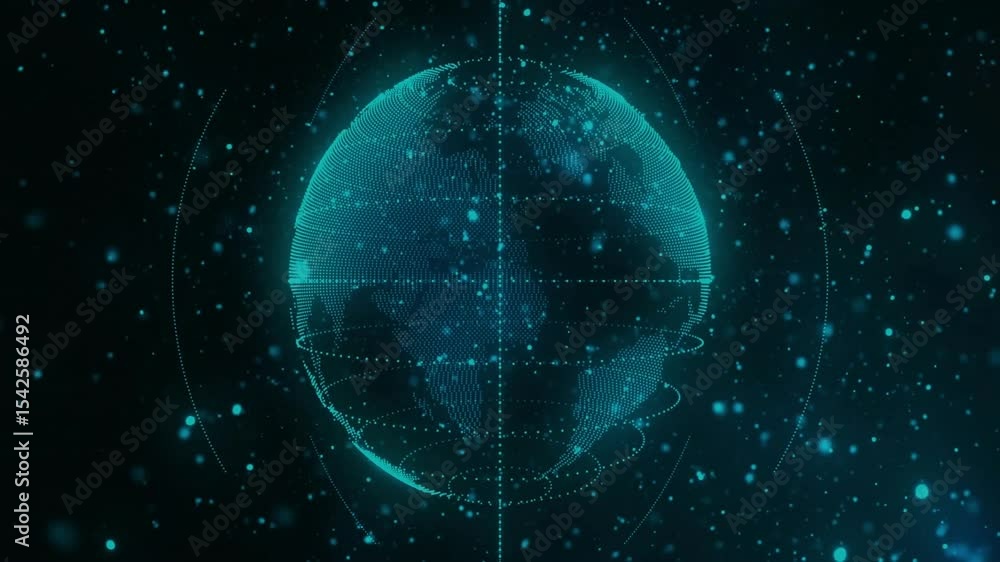 Poster faint dotted outline starting point cloud forming into rotating data globe for networking