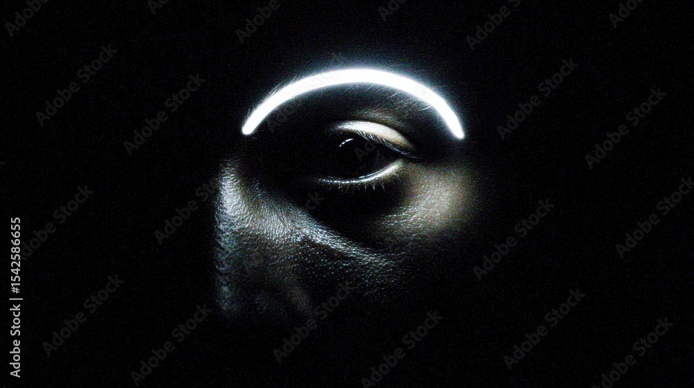 Poster glowing eye-like shape emerging from darkness as a representation of anxiety and inner turmoil