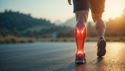 Runner's Leg Anatomy: Highlighted Muscles and Bones During an Evening Run