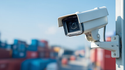 Security Camera Outside Shipping Container Yard in Bright Daylight