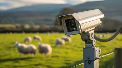 Security Camera Monitoring Sheep Pasture Scenic Landscape Nature