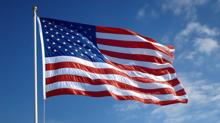 Obraz premium American Flag Flapping in Blue Sky with Clouds, independence day