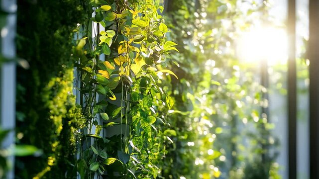 Sunlight on Vibrant Indoor Green Wall Close-up