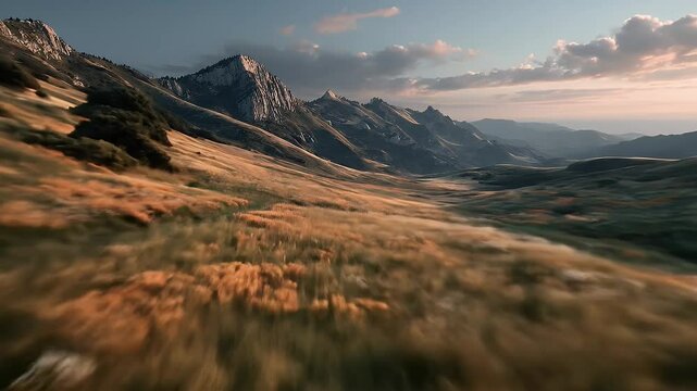 Golden Meadow in Mountain Valley Under Clear Sky at Daytime Natural Landscape and Background