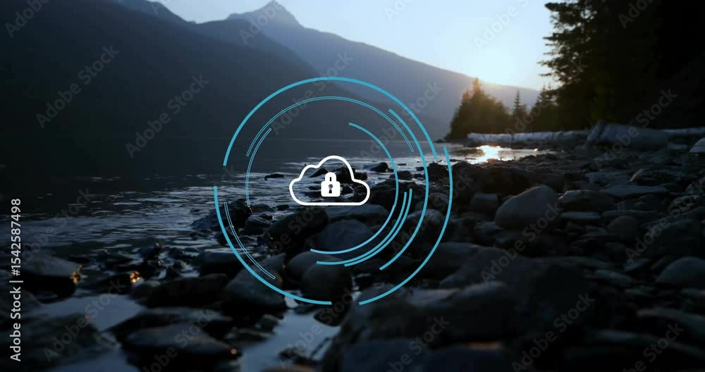 Poster sunset lakeside starting cloud lock icon appearing with spinning blue arcs visualizing encryption
