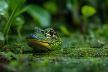Fototapeta premium Green Crocodile in Water Surrounded by Lush Vegetation