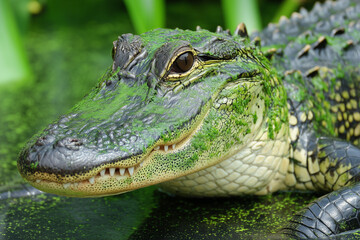 Obraz premium Green Alligator Crocodile Lying on Water Surface in Natural Habitat