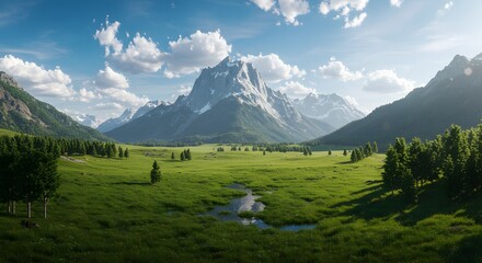 Fototapeta premium Lush Green Valley with Mountains in the Background During Sunny Day Outdoors Scenery and Natural Landscapes for Nature Enthusiasts