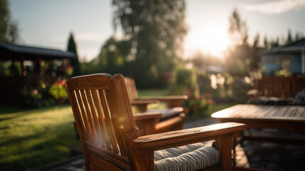Fototapeta premium Wooden Outdoor Patio Chair in Sunlit Garden with Greenery