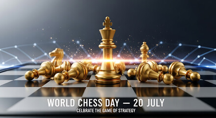 Golden Chess King Illustration – World Chess Day Poster with Glowing Light Effect and Strategic Battle Theme for 20 July