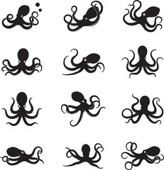 Naklejka premium Aquatic Octopus Silhouette Collection Various Poses