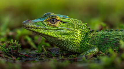 Obraz premium Green Lizard Resting on Natural Vegetation in Outdoor Environment