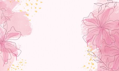 Abstract pink watercolor background with botanical flowers illustration. Springtime. Painted template for card, flyer, poster or cover design.