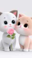Obraz premium Adorable Cartoon Kittens with Pink Rose Gray and Peach Kittens Cuddling on Light Gray Background
