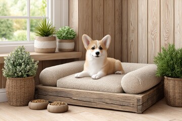 Adorable Corgi Puppy on Beige Dog Bed in Rustic Room with Potted Plants