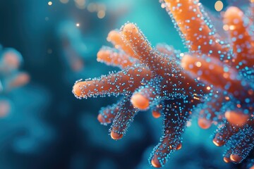 Close-up of orange coral-like structure with blue sparkling dots against an out-of-focus teal background.