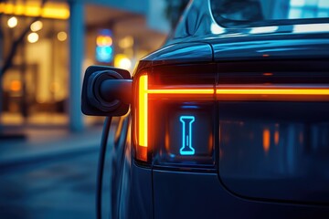 Electric car charging station with illuminated I logo, sleek design and urban background at night.
