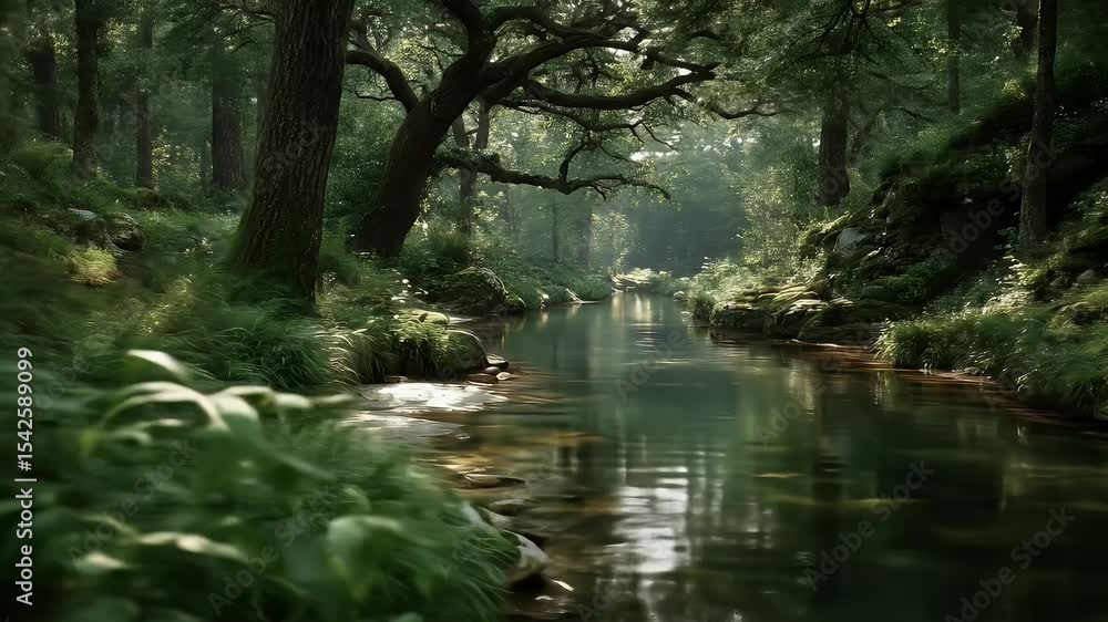 Poster lush green forest with flowing stream dappled sunlight through trees creating serene nature scene