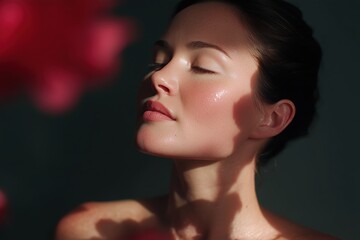 Naklejka premium A radiant woman with closed eyes basks in the soft sunlight, enveloped by delicate petals, embodying serenity and the essence of natural beauty.